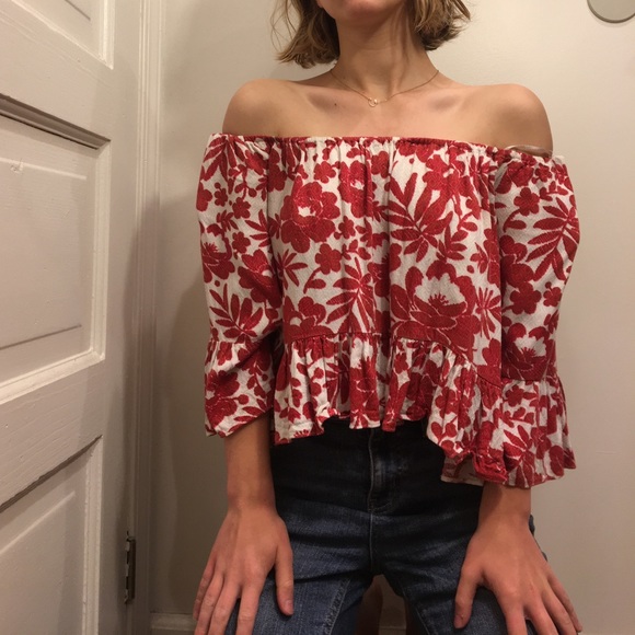 Red floral off the shoulder blouse - Picture 1 of 3